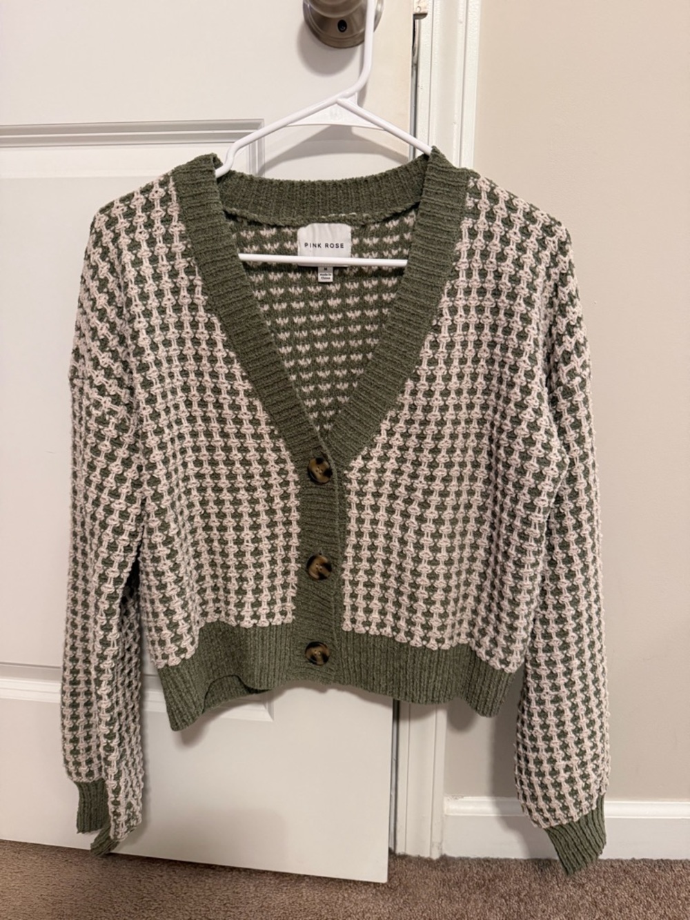 Olive and Cream Knit V-Neck Cardigan Sweater